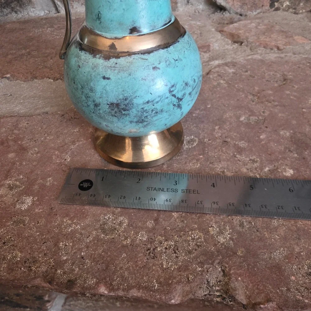Vintage Brass Turquoise Verdigris Pitcher Bud Vase Decorative Handle 11